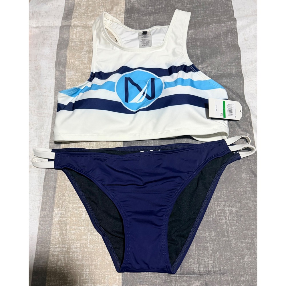 Nautica Womens Bikini Set High Neck Crop Top Retro Pant Navy Blue White Large